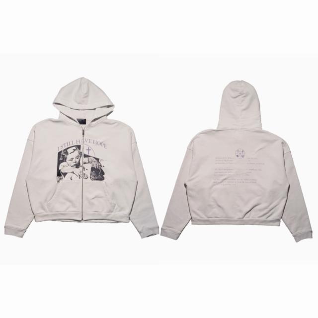 ERD Cream Cropped Zip-Up Hoodie I Still Have Hope Graphic Cross Print Streetwear Jacket