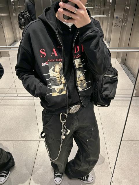 ERD Washed Black Zip Hoodie SADE Art Collage Print Grunge Streetwear Hoodie