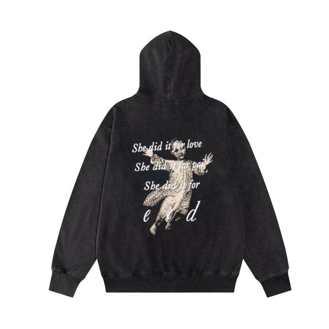 ERD Gradient Spray Washed Black Hoodie ERD Letter Portrait Print Streetwear