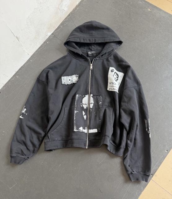 ERD Distressed Black Cropped Zip Hoodie Nietzsche Patch Portrait Print