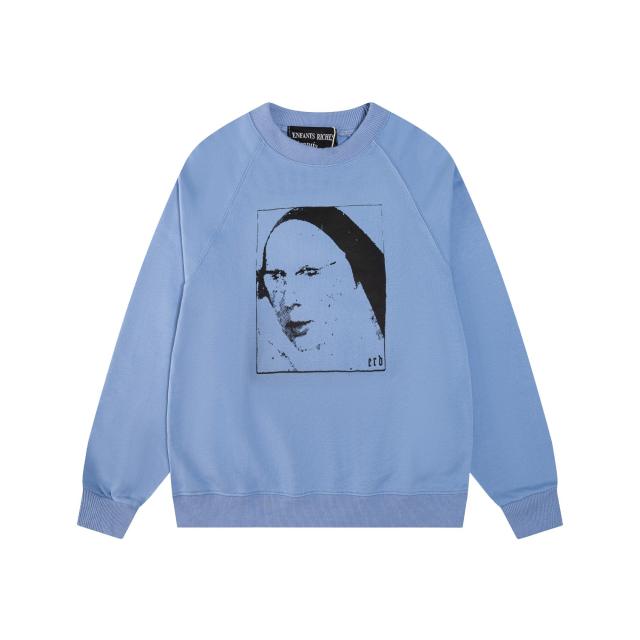 ERD Light Blue Raglan Crewneck Pullover ERD Nun Sketch Portrait Graphic Vintage Sweatshirt
