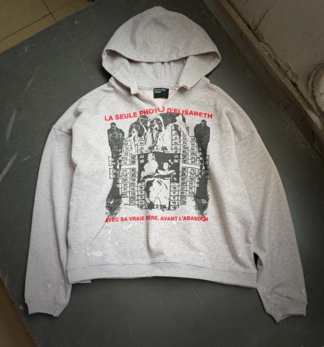 ERD Heather Gray Cropped Hoodie Vintage French Quote Photo Print Distressed Raw Neck Street Pullover Hoodie