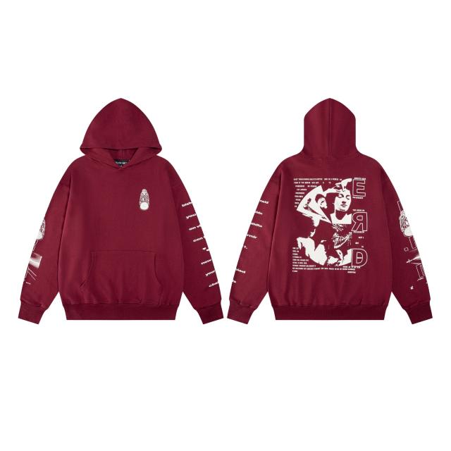 ERD Burgundy Back Portrait ERD Print Sleeve Text Streetwear Hoodie