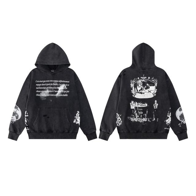 ERD Distressed Washed Black French Quote Napoleon Print Hoodie Vintage  Streetwear Hooded Sweatshir
