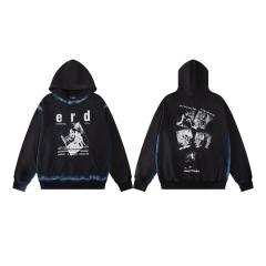 ERD Gradient Spray Washed Black Hoodie ERD Letter Portrait Print Streetwear