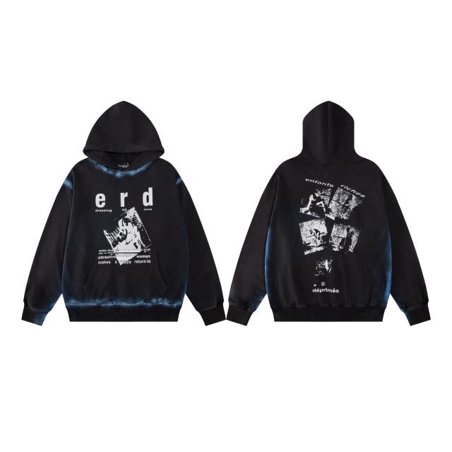 ERD Gradient Spray Washed Black Hoodie ERD Letter Portrait Print Streetwear