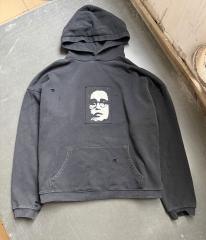ERD Vintage Washed Black Distressed Hoodie Patch Portrait Graphic Cropped Grunge Hoodie