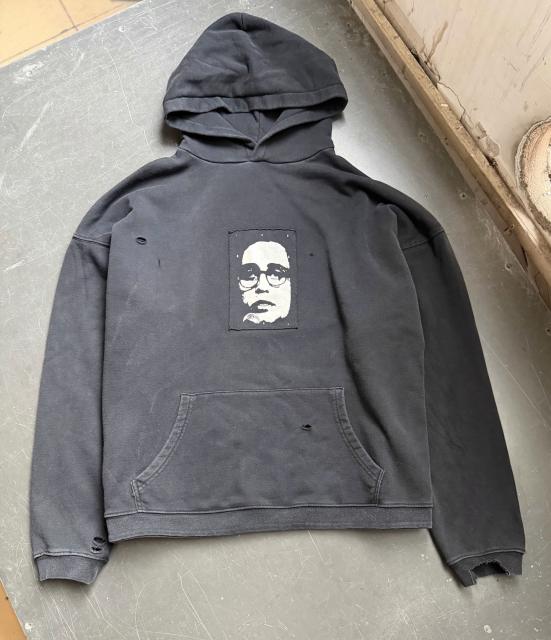 ERD Vintage Washed Black Distressed Hoodie Patch Portrait Graphic Cropped Grunge Hoodie