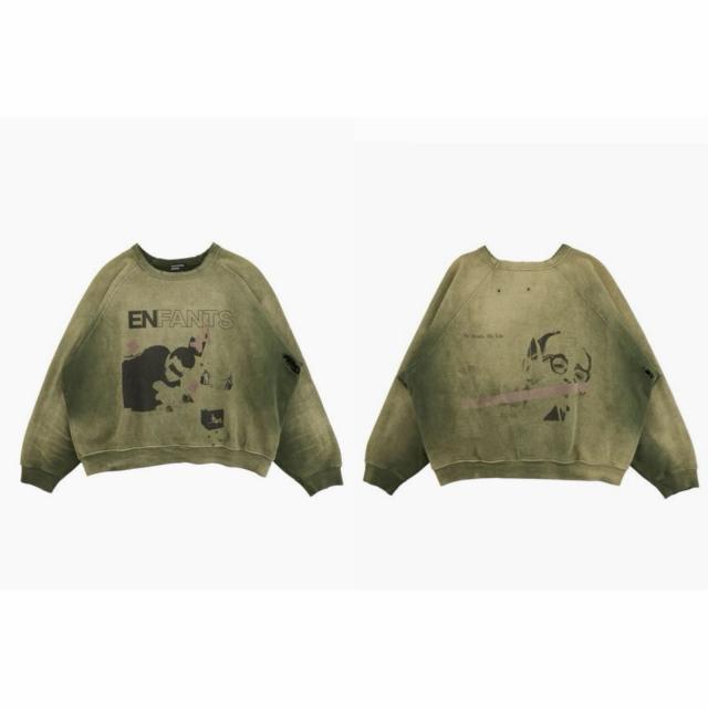 ERD Olive Vintage Crewneck ERD Abstract Skull Distressed Grunge Sweatshirt