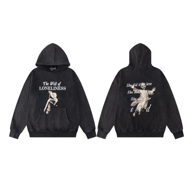 ERD Gradient Spray Washed Black Hoodie ERD Letter Portrait Print Streetwear