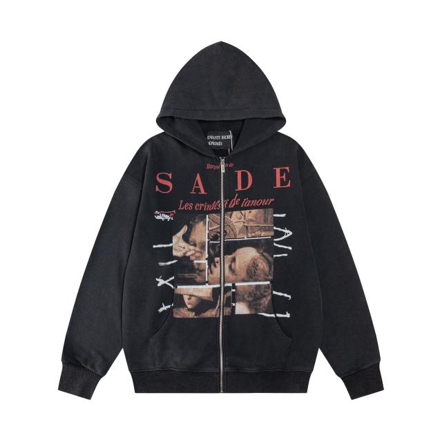 ERD Washed Black Zip Hoodie SADE Art Collage Print Grunge Streetwear Hoodie