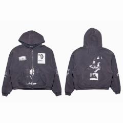 ERD Distressed Black Cropped Zip Hoodie Nietzsche Patch Portrait Print