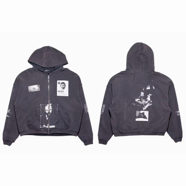ERD Distressed Black Cropped Zip Hoodie Nietzsche Patch Portrait Print