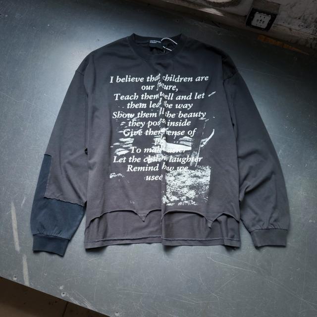 ERD Vintage Washed Black Patchwork Long Sleeve T-Shirt Inspirational Quote Text