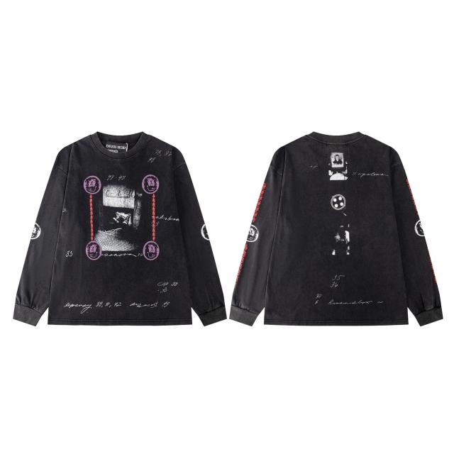 ERD Washed Black Long Sleeve Tee Ancient Coin Frame Photograph Handwritten Script Print Retro Gothic Streetwear T-Shirt
