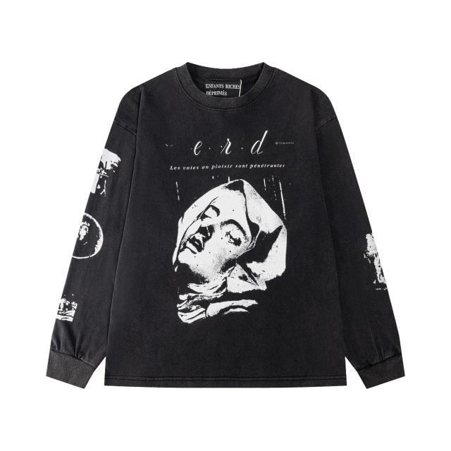 ERD Vintage Washed Black Long Sleeve T-Shirt Saint Teresa Statue Graphic French Text