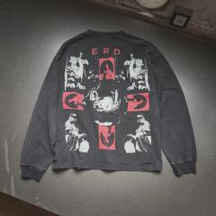 ERD Washed Black Distressed Long Sleeve Tee Hebrew Script Cross Religious Figure Print French Slogan Retro Gothic Punk T-Shirt