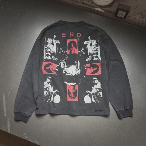 ERD Washed Black Distressed Long Sleeve Tee Hebrew Script Cross Religious Figure Print French Slogan Retro Gothic Punk T-Shirt