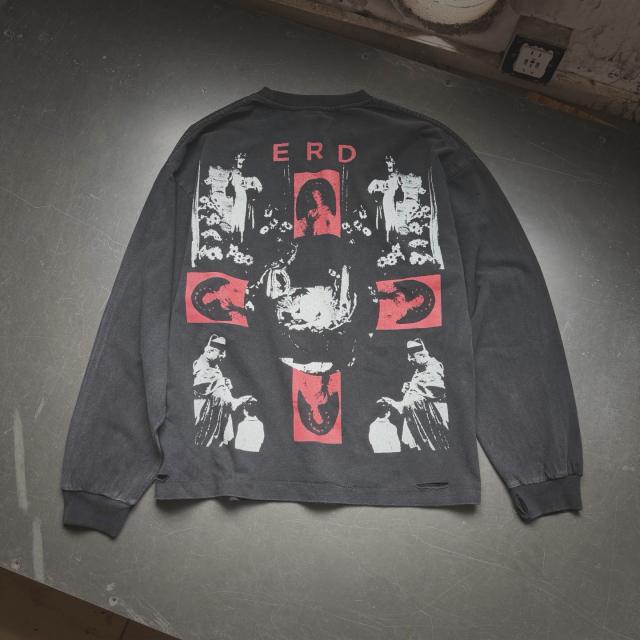 ERD Washed Black Distressed Long Sleeve Tee Hebrew Script Cross Religious Figure Print French Slogan Retro Gothic Punk T-Shirt