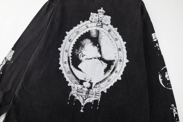 ERD Vintage Washed Black Long Sleeve T-Shirt Saint Teresa Statue Graphic French Text
