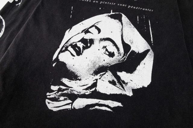 ERD Vintage Washed Black Long Sleeve T-Shirt Saint Teresa Statue Graphic French Text