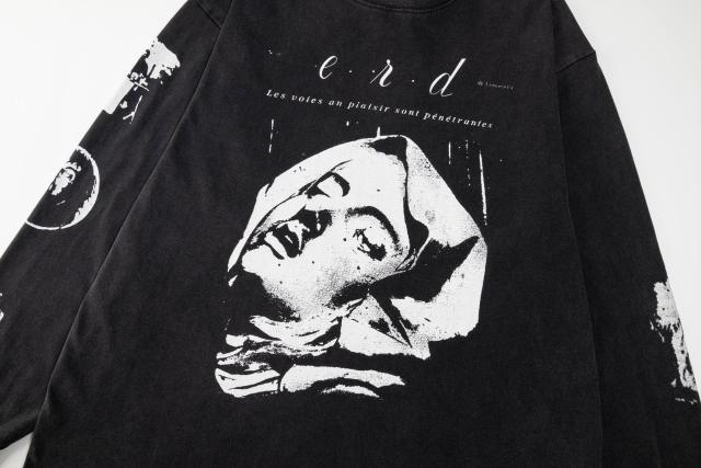 ERD Vintage Washed Black Long Sleeve T-Shirt Saint Teresa Statue Graphic French Text