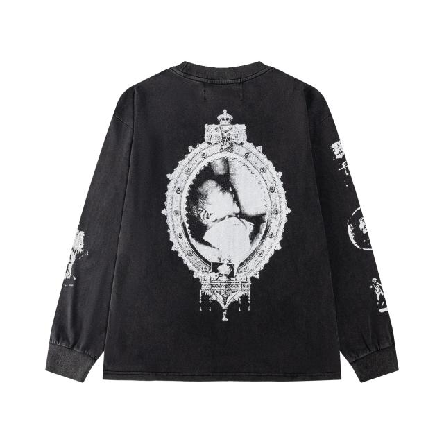 ERD Vintage Washed Black Long Sleeve T-Shirt Saint Teresa Statue Graphic French Text