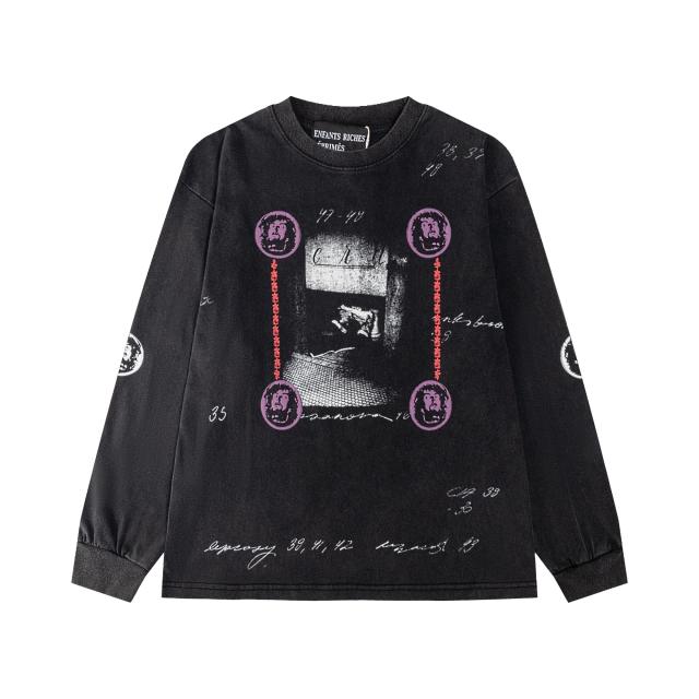ERD Washed Black Long Sleeve Tee Ancient Coin Frame Photograph Handwritten Script Print Retro Gothic Streetwear T-Shirt