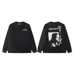 ERD Vintage Washed Black Long Sleeve T-Shirt Hebrew Text Girl Portrait Grunge Gothic Long Sleeve T-Shirt
