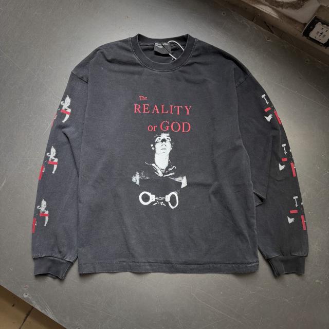 ERD Washed Black Long Sleeve Tee The Reality or God Portrait Graphic Vintage Streetwear Long Sleeve T-Shirt