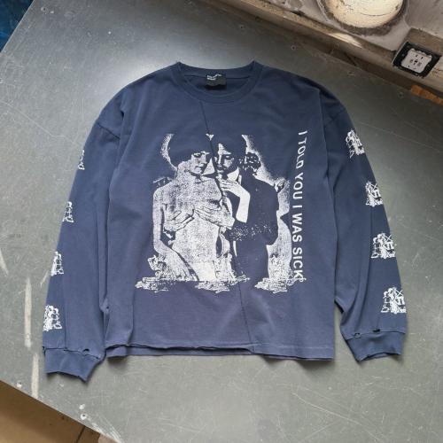ERD Washed Navy Distressed Long Sleeve Tee "I Told You I Was Sick" Portrait Print Raw Hem Punk Gothic Long Sleeve T-Shirt