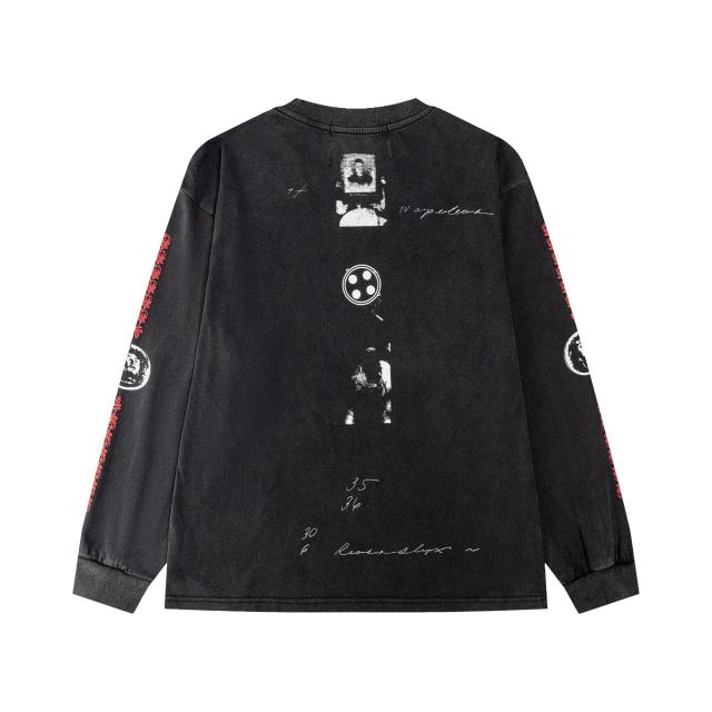 ERD Washed Black Long Sleeve Tee Ancient Coin Frame Photograph Handwritten Script Print Retro Gothic Streetwear T-Shirt