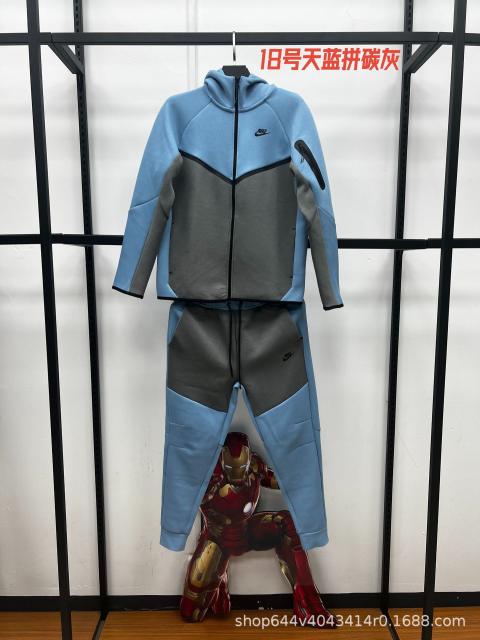 Nik* Tech Fleece Tracksuit Sky Blue & Carbon Gray Color‑Block, Black Logo