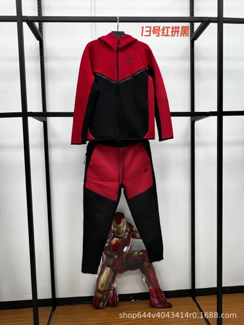 Nik* Tech Fleece Tracksuit Red & Black Color‑Block, Black Logo