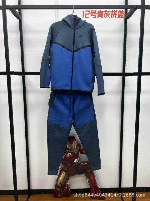 Nik* Tech Fleece Tracksuit Slate Grey & Royal Blue Color‑Block, Black Logo