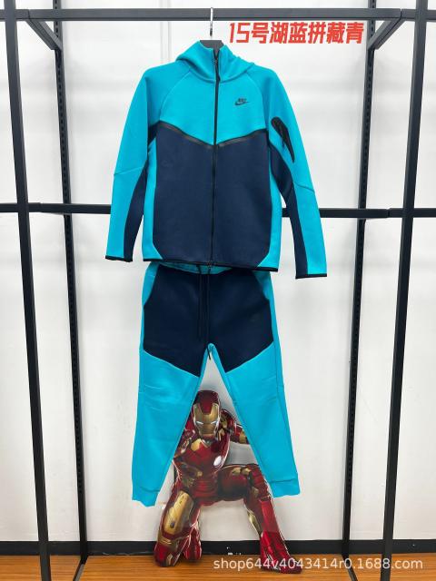 Nik* Tech Fleece Tracksuit Cyan & Navy Color‑Block, Black Logo