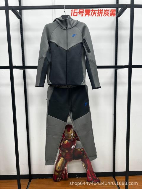Nik* Tech Fleece Tracksuit Mist Gray & Charcoal Black Color‑Block, Blue Logo
