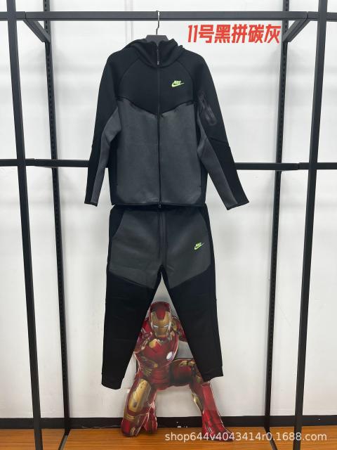 Nik* Tech Fleece Tracksuit Black & Carbon Grey Color‑Block, Neon Green Logo