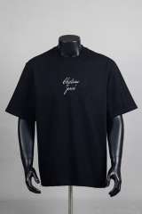 Front Chest Black French Cursive Letter Print Crew Neck Oversized Soft Cotton Tee 2 colors 29356393