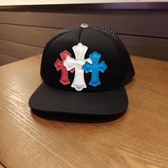 Chrome Black Trucker Hat Red‑White‑Blue Leather Cross Patches