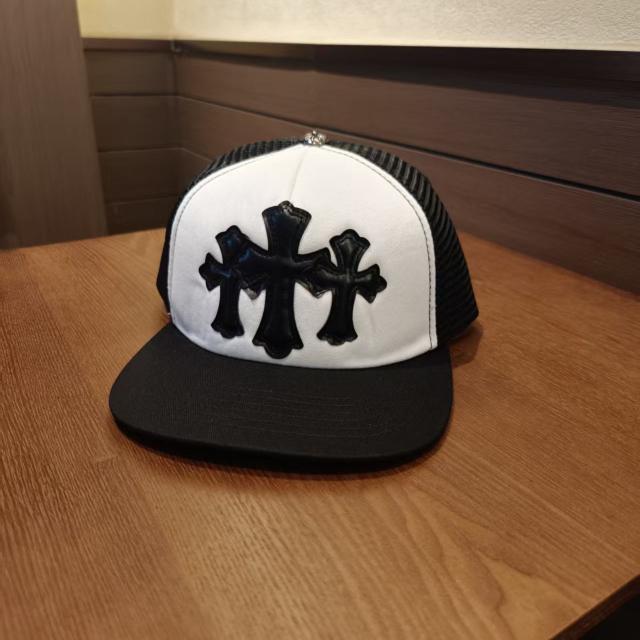 Chrome  White‑Black Trucker Hat Black Leather Cross Patches
