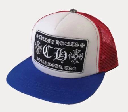 White‑Royal Blue Chrome CH Patch Trucker Mesh Cap