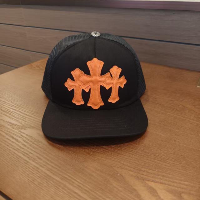 Chrome Black Trucker Hat Orange Leather Cross Patches