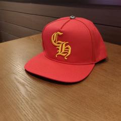Chrome Red Snapback Hat Yellow Gothic CH Embroidery