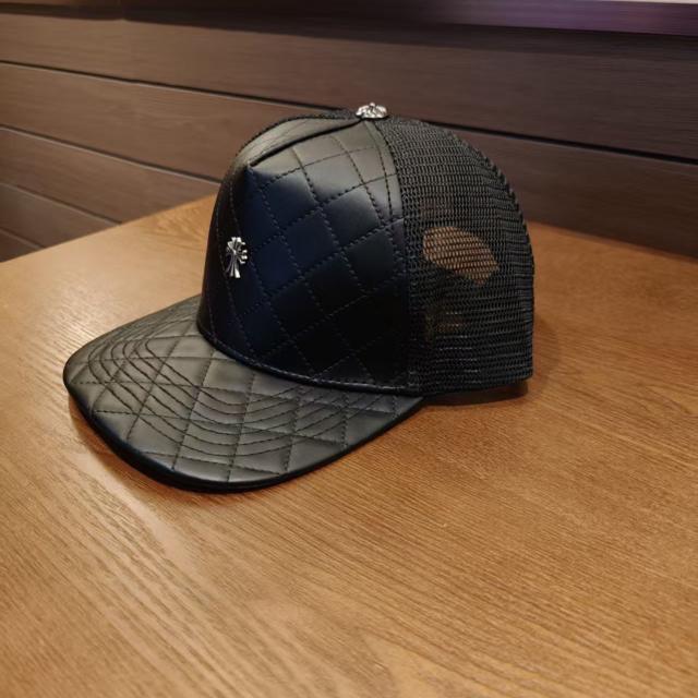 Chrome Black Quilted Leather Snapback Hat Silver Metal Cross