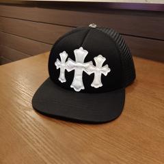 Chrome Triple White Leather Cross Patch Black Trucker Mesh Cap