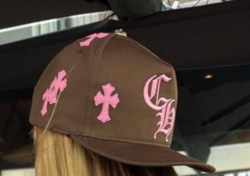 Chrome Brown Snapback Hat Pink Embroidered Cross & CH Logo