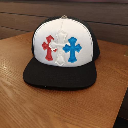 Chrome Trucker Hat Red White Blue Leather Cross Patches