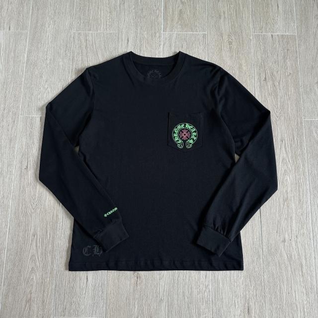 1:1 Quality CH Neon Green Circle Logo Pocket Long Sleeve Tee Black