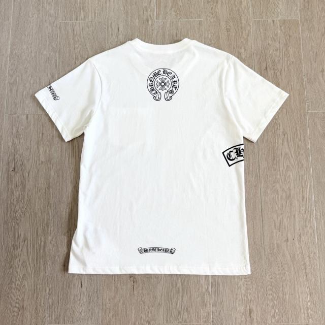1:1 Top Quality CH White Tee Gothic Vertical Logo Pocket T‑shirt